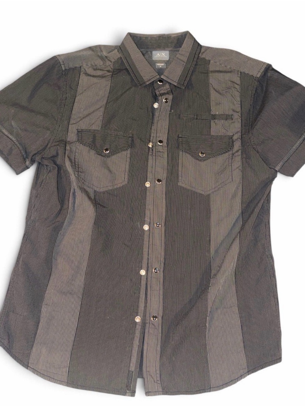 A/X Armani Exchange Men's Short Sleeve Button-Up Shirt - Black & Gray Stripes